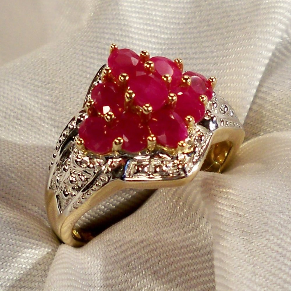 New 14K Gold & 925 Silver Natural Cloudy Pink Ruby Cluster DESIGNER Ring